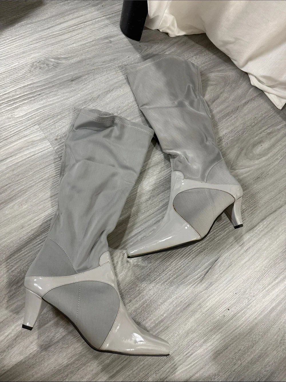 Bellini Gray Stretch Over-the-Knee Pointed Kitten Heel Boots